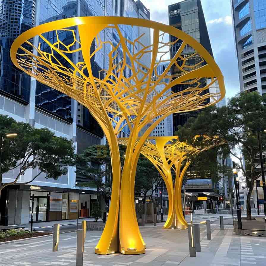 Large Yellow Metal Tree Sculpture in Commercial District