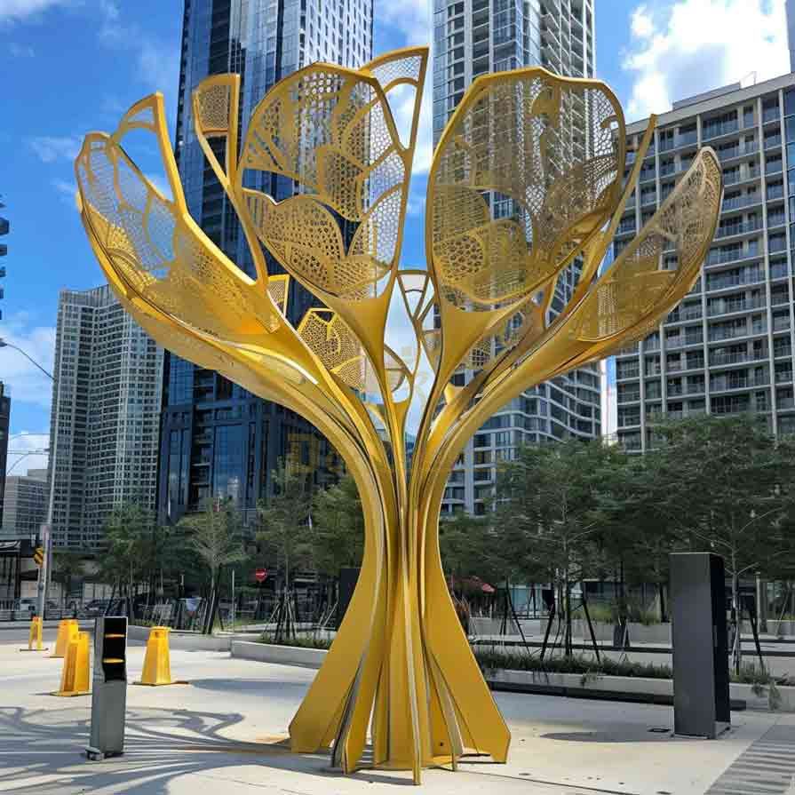 Large Yellow Metal Tree Sculpture, Urban Outdoor Block