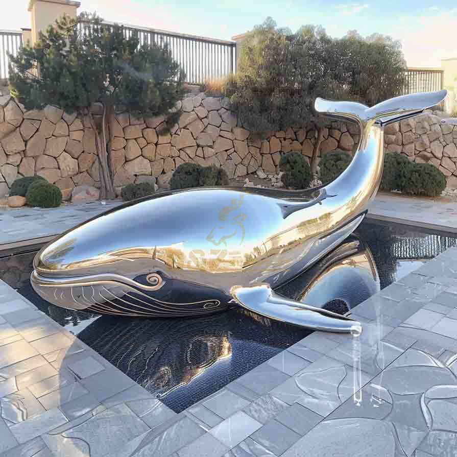 Outdoor Large Whale Garden Sculpture, Mirror Finish Stainless Steel