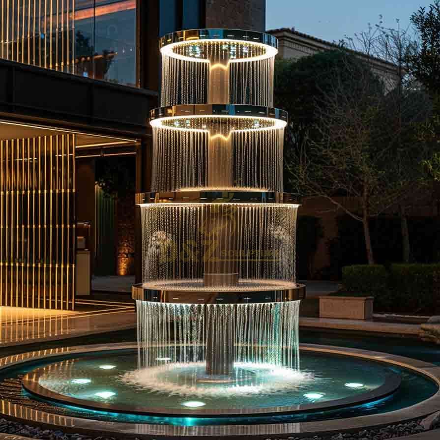 Multi-level circular rain curtain metal light fountain