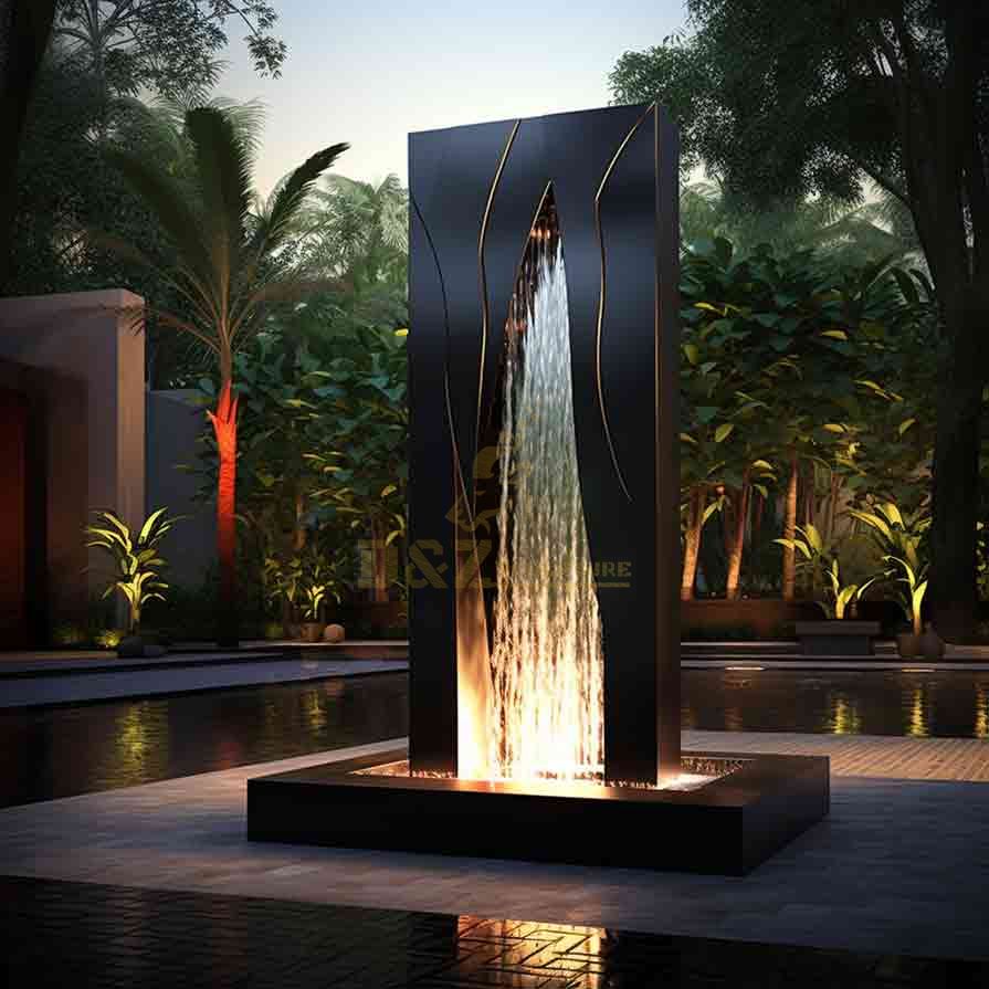 Rectangular water fountain sculpture with light