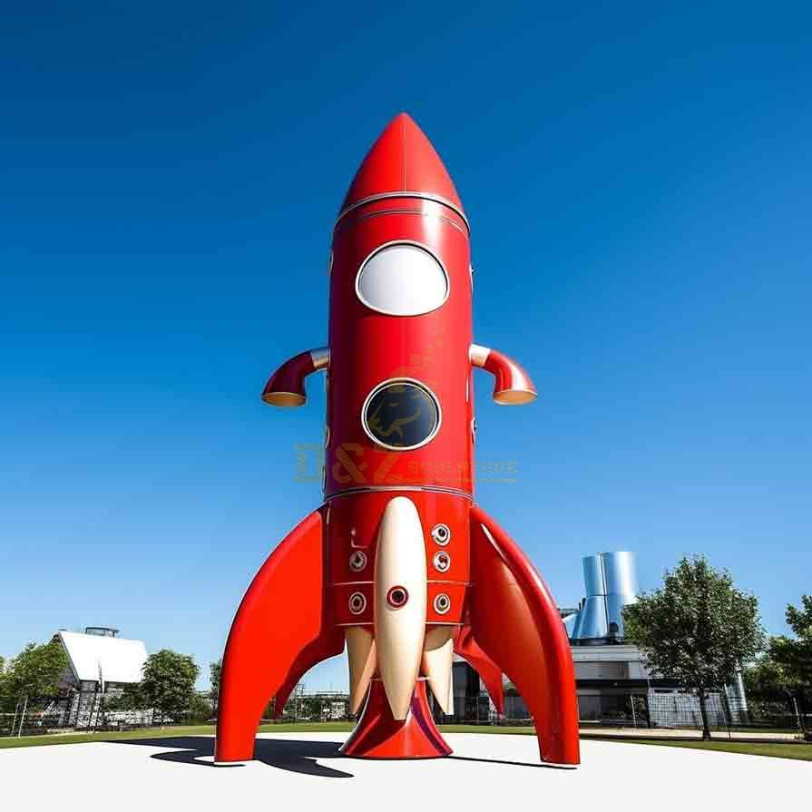 Large cartoon metal rocket sculpture