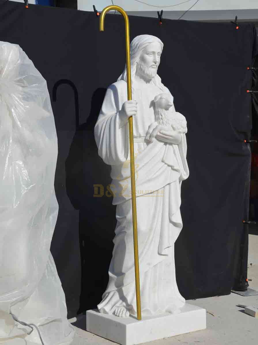 White marble Jesus with a Goat statue for sale