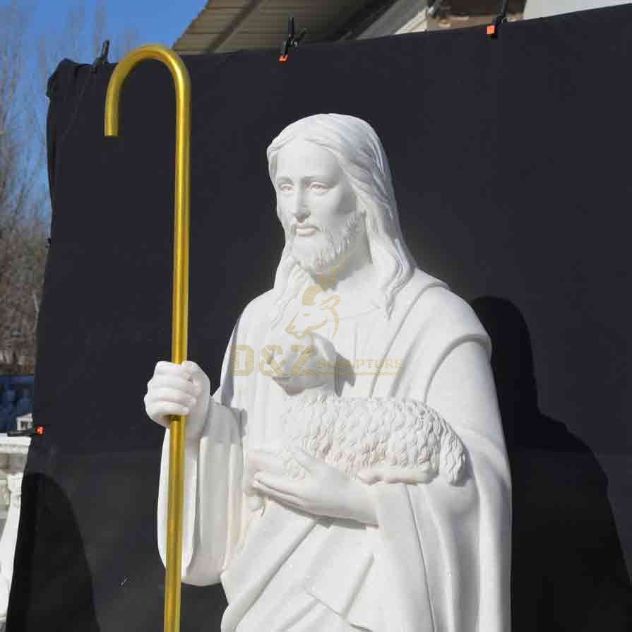 Side view, White marble Jesus with Goat statue for sale