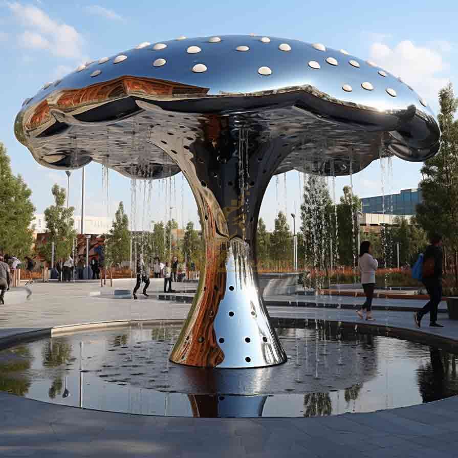 Giant outdoor mushroom water fountain sculpture in the park