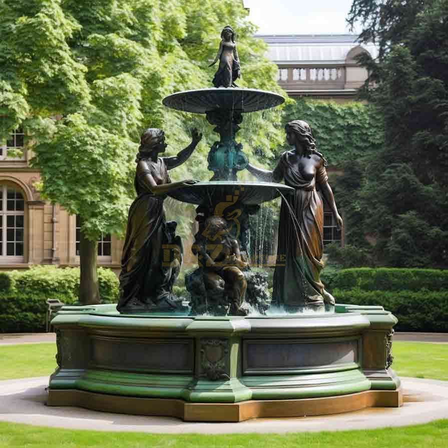 Large tiered pool bronze fountain with female figure statue decoration