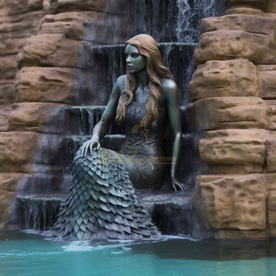 Next to the waterfall, Large Outdoor Bronze Mermaid Fountain For Sale