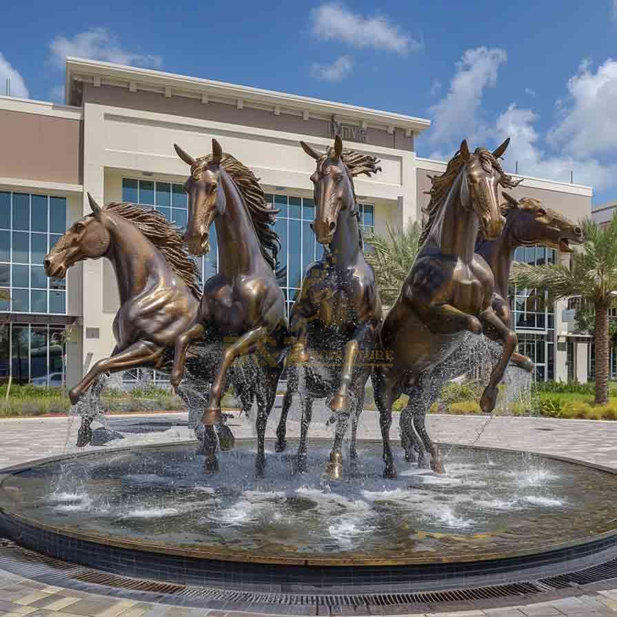 Bronze horse fountain sculpture standing on hind legs