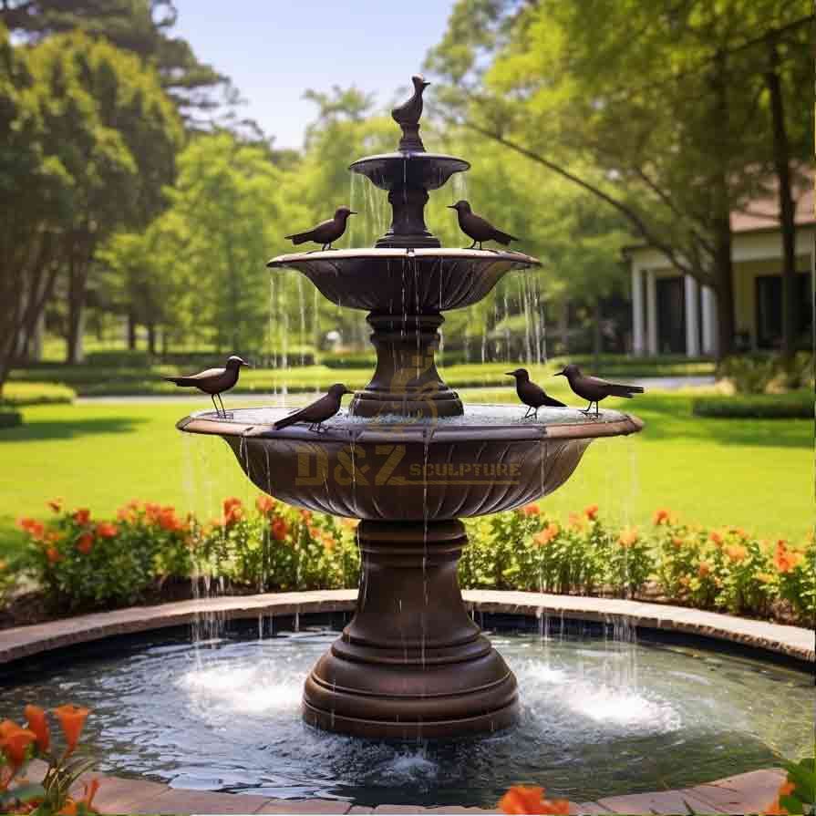 Bronze garden fountain, large outdoor lotus bird bath sculpture