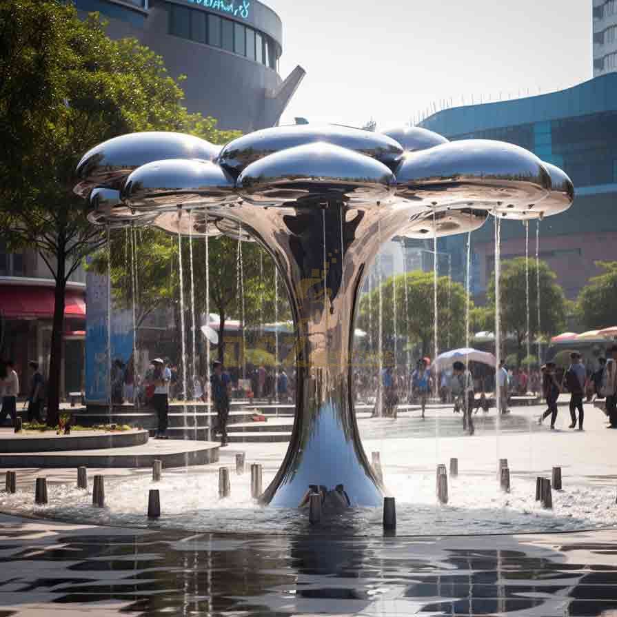 Giant mushroom water fountain with umbrella-shaped cloud design and hidden pool