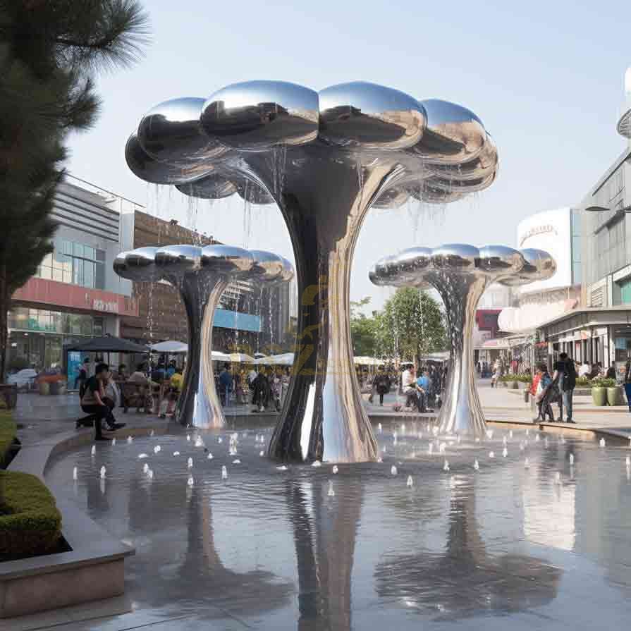 Giant mushroom fountain with three abstract metal cloud designs