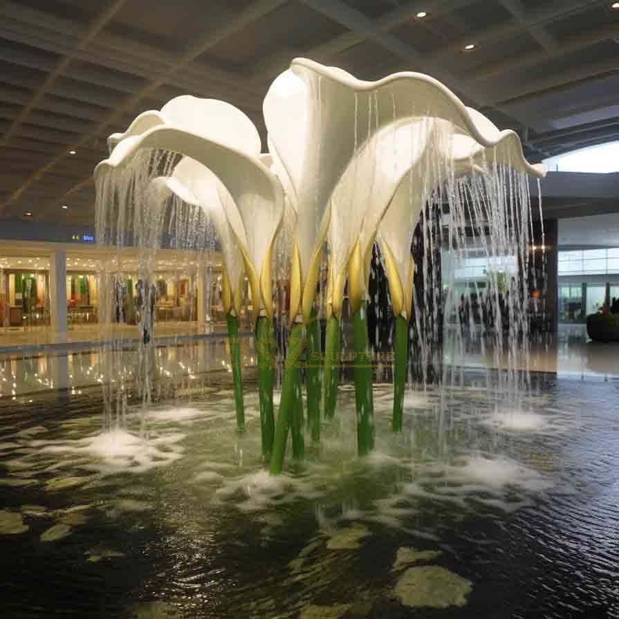 Airport lobby, elegant large metal calla lily water fountain sculpture