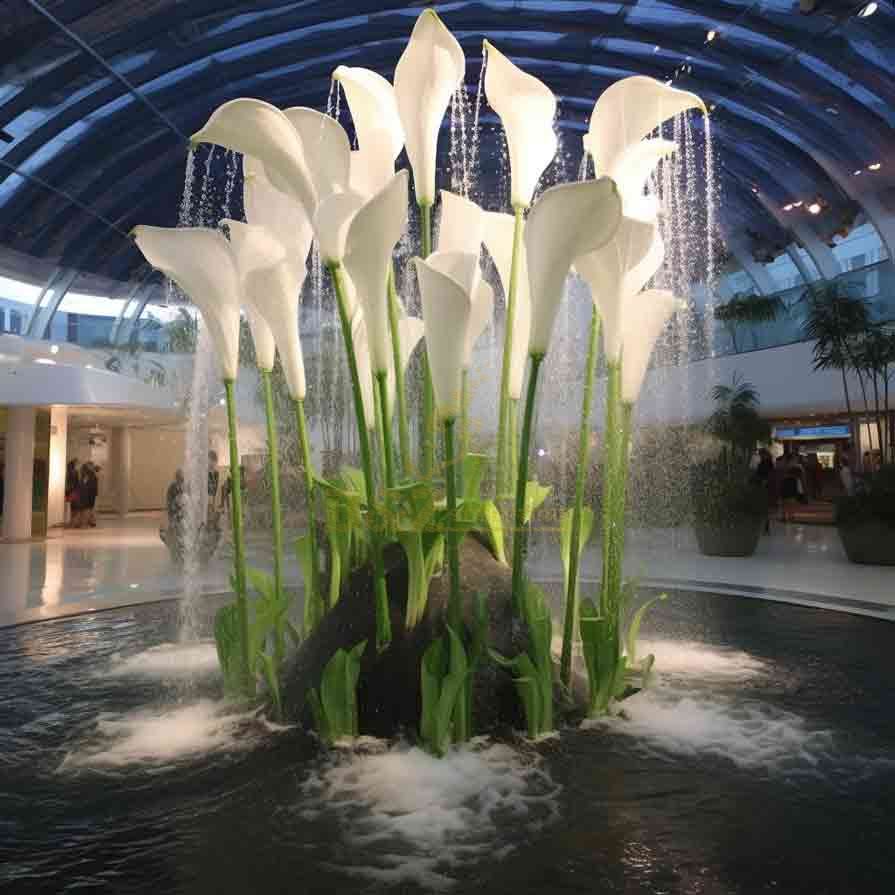 Private club, elegant large metal calla lily water fountain sculpture