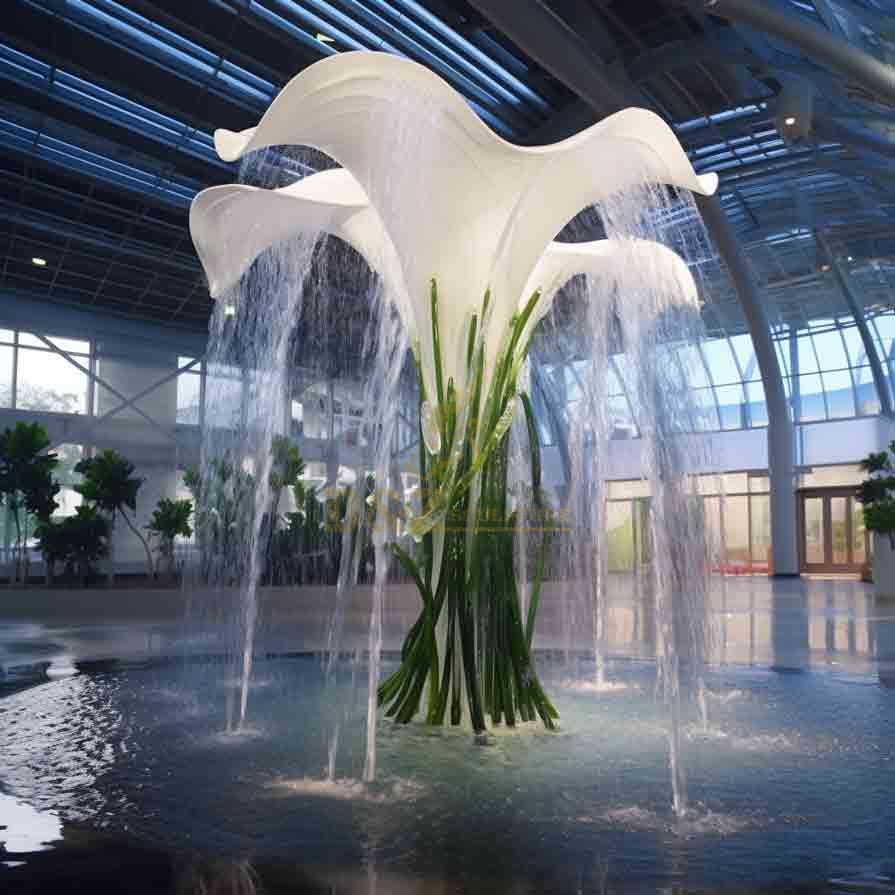 Entrance view, elegant large metal calla lily water fountain sculpture