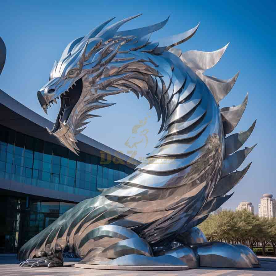 Large mirrored stainless steel dragon head sculpture