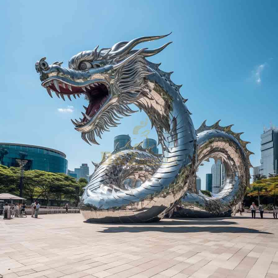 Oriental dragon sculpture, large outdoor mirrored stainless steel dragon sculpture