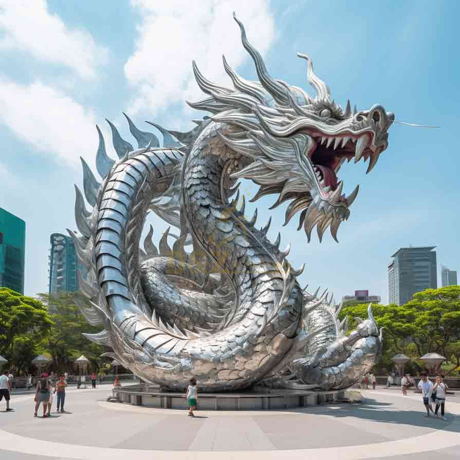 Giant Chinese dragon sculpture, hovering mirror stainless steel dragon sculpture outdoor i