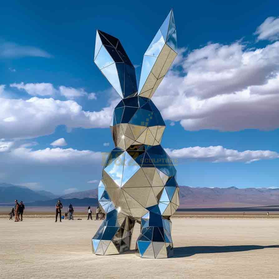 Outdoor metal rabbit sculpture, modern large geometric design