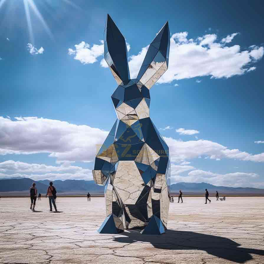 Large metal rabbit sculpture, modern abstract geometric design