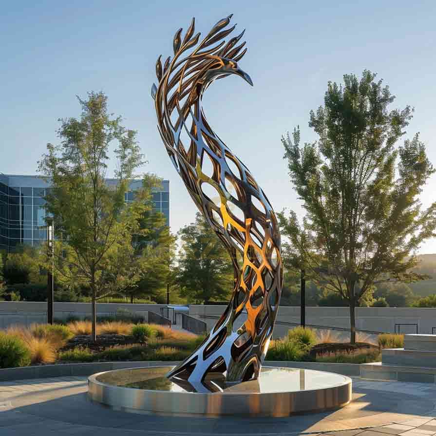 Large metal abstract bird head sculpture, mirrored stainless steel, modern outdoor landscape sculpture