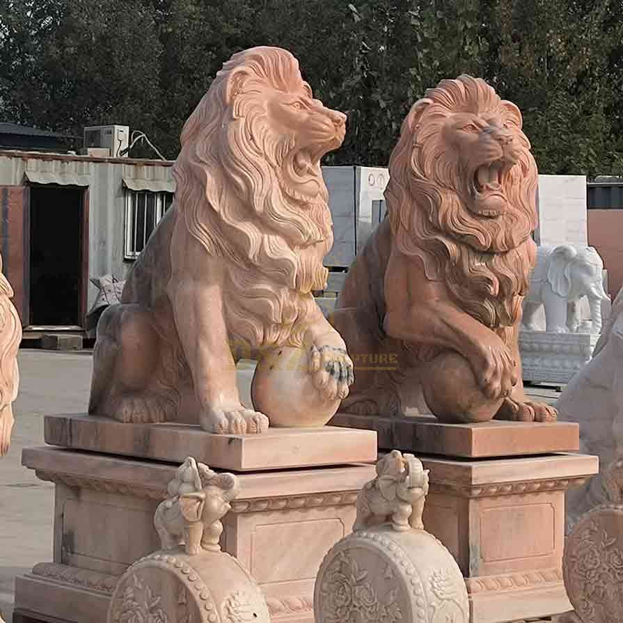 Sunset Red Marble Lion Statue for Sale 1