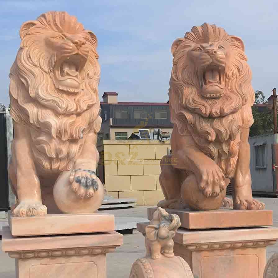 Sunset Red Marble Lion Statue for Sale 2