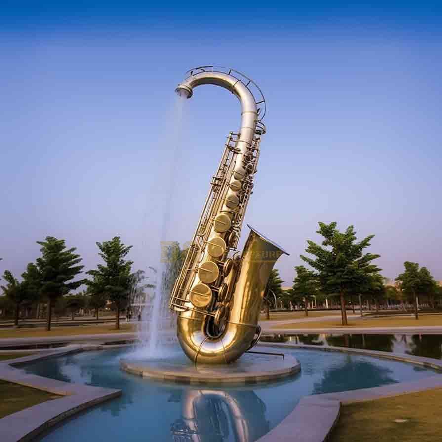 Stainless Steel Saxophone Fountain Sculpture | Large Outdoor Modern Art 4