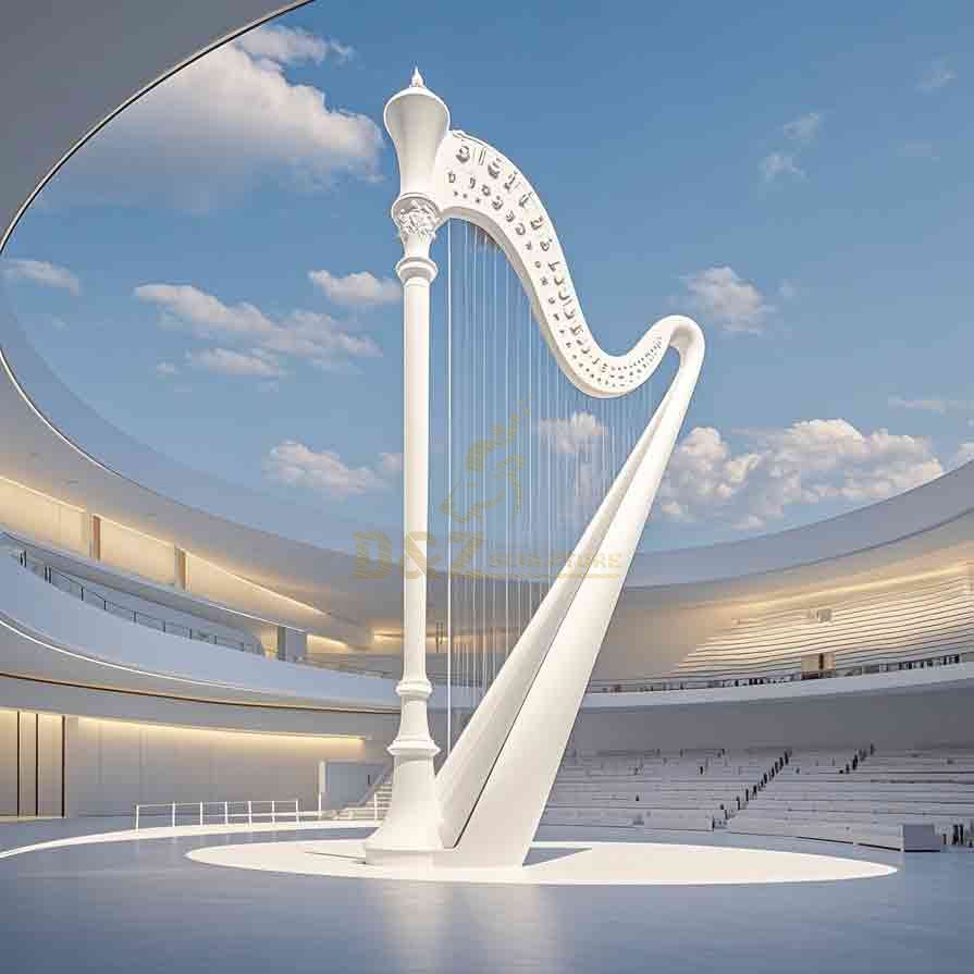 Large Metal Harp Sculpture Modern White Music Sculpture 5