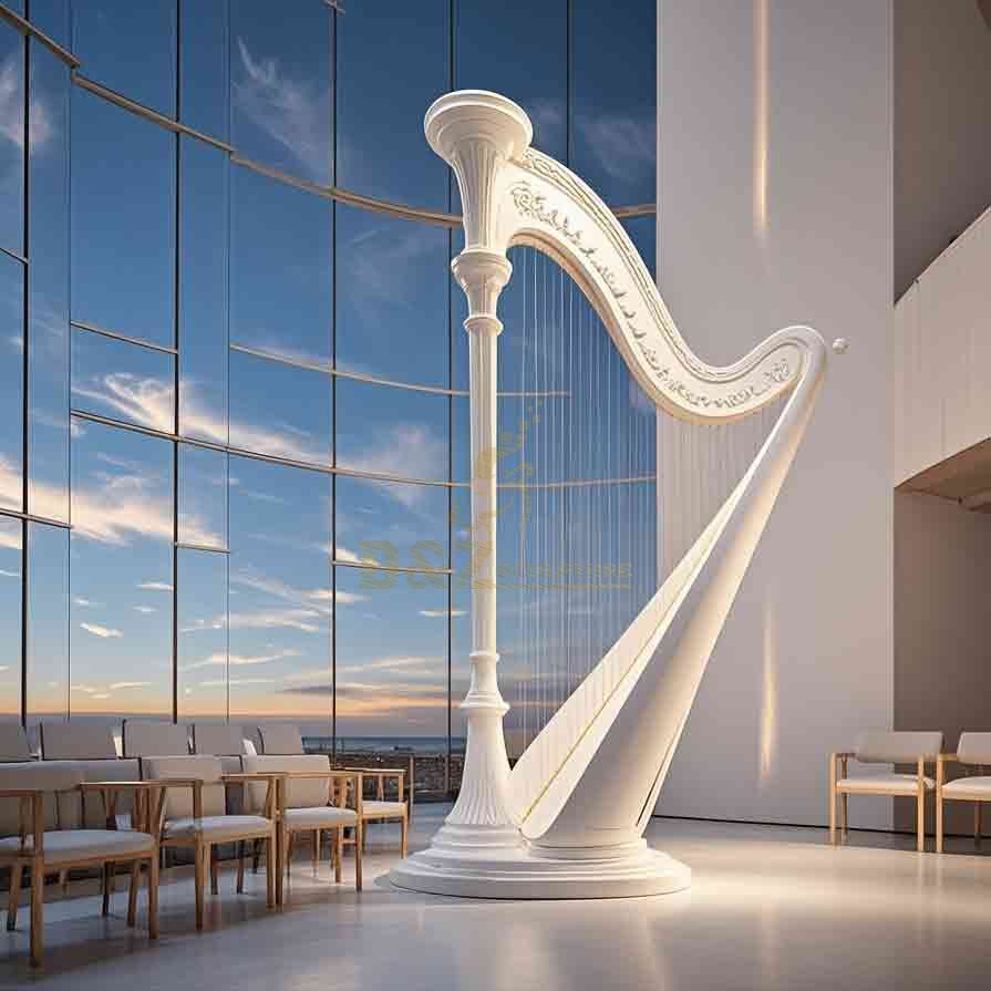 Large Metal Harp Sculpture Modern White Music Sculpture 6