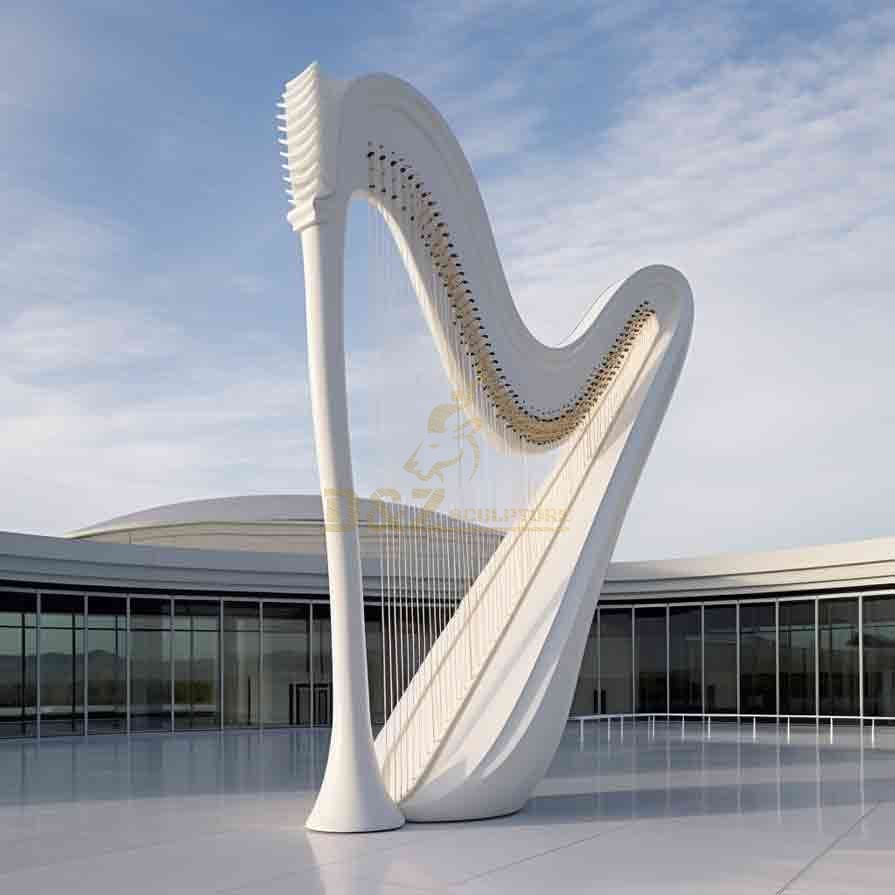 Large Metal Harp Sculpture Modern White Music Sculpture 7