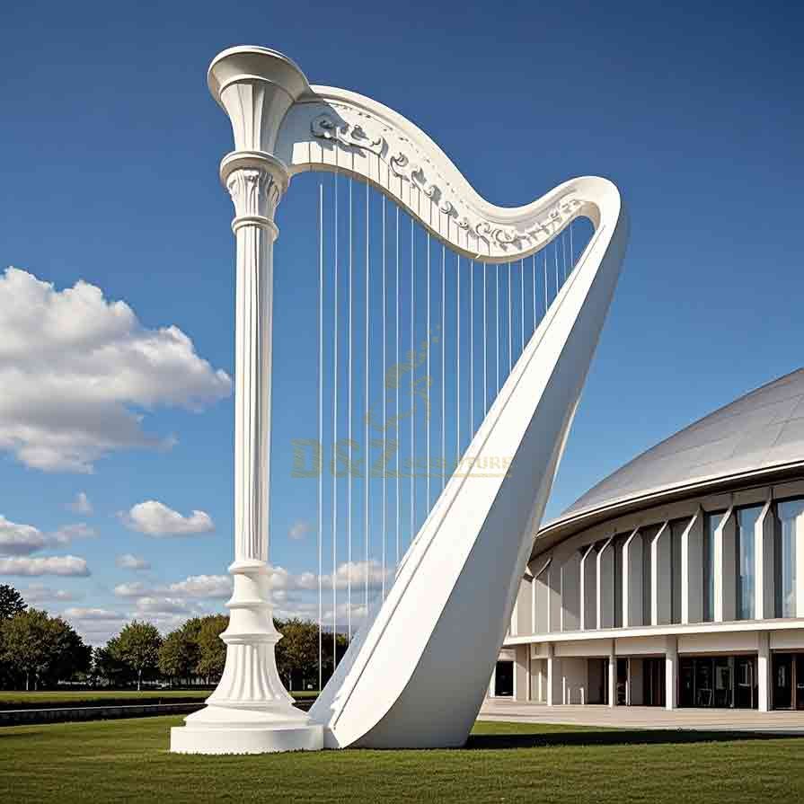 Large Metal Harp Sculpture Modern White Music Sculpture 1