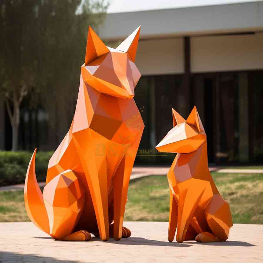 Red Geometric Fox Sculpture | Abstract Garden Decor 1