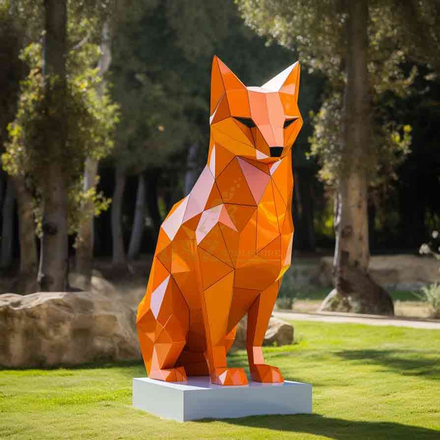 Red Geometric Fox Sculpture | Abstract Garden Decor 5